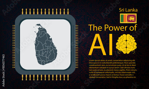 sri lanka map with microchip war and AI concept on circuit board, Power of AI with country map. Global connectivity with big data.