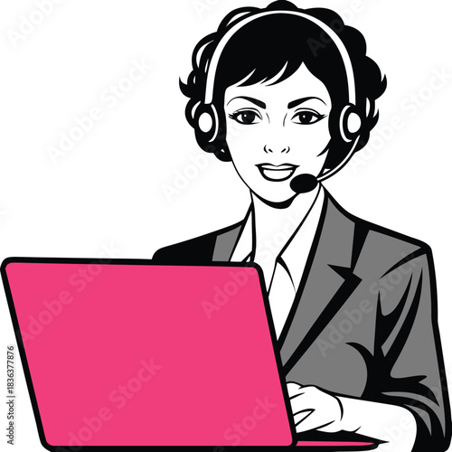 Beautiful brunette woman in gray suit works using laptop with headset