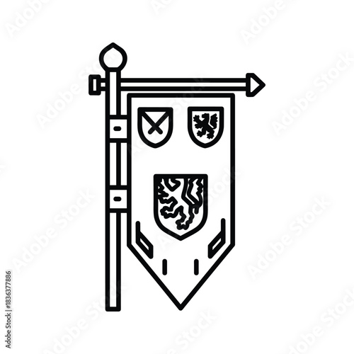 Medieval Heraldic Banner with Lion and Shields Line Icon