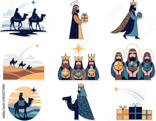 Three Wise Men Journey Colorful Illustrations of Biblical Kings on Camels