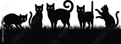 Black cat silhouette collection, glowing yellow eyes, Halloween feline illustration, spooky animal pose, mystery theme design, grass background
