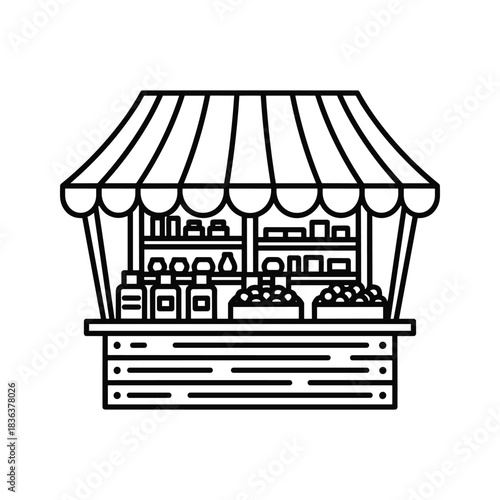 Line Art Icon of a Market Stall with Awning and Assorted Goods