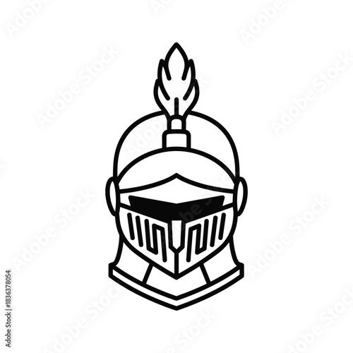 Black and White Line Art Icon of a Medieval Knight Helmet with Plume