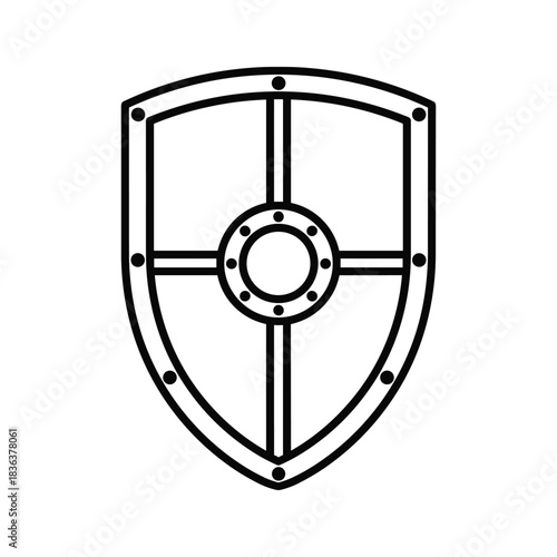 Medieval Shield Outline Icon with Rivets and Cross Pattern