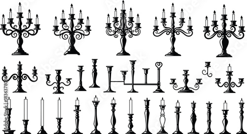 Black candle holder silhouettes, ornate candelabra designs, vintage candlestick collection, decorative lighting elements, elegant home decor, antique candle illustrations