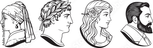 Four Elegant Black and White Silhouette Cameo Profiles in Minimalistic Isolated Style