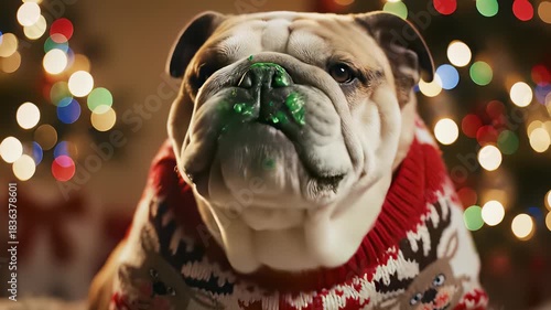 Playful bulldog donning festive sweater with green glitter on its nose, isolated against white background, capturing the joy and magic of Christmas season, perfect for advertising seasonal.
