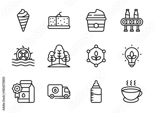 Farm and Nature Outline Icons. Water Wheel, Forest, Plant, and milk production line, celebrate ecology and organic dairy.