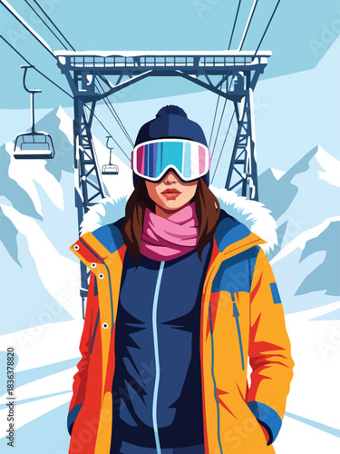 Flat modern illustration of a fashionable woman wearing ski goggles and parka at a snowy mountain resort. Ideal for travel lifestyle, sporty fashion, and outdoor winter themes