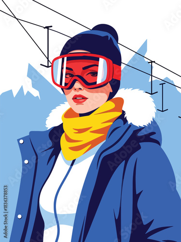 Flat modern illustration of a fashionable woman wearing ski goggles and parka at a snowy mountain resort. Ideal for travel lifestyle, sporty fashion, and outdoor winter themes