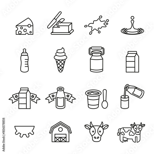 Dairy Products Line Icons. Milk, Cheese, Butter, Ice Cream & Cow - Farm Fresh Food Symbols for Healthy Design