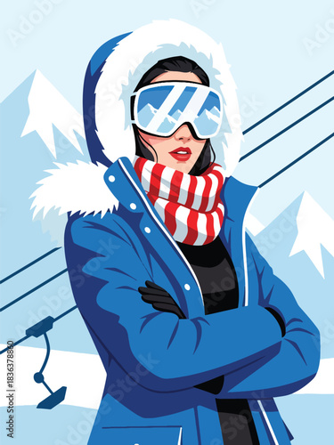 Flat modern illustration of a fashionable woman wearing ski goggles and parka at a snowy mountain resort. Ideal for travel lifestyle, sporty fashion, and outdoor winter themes