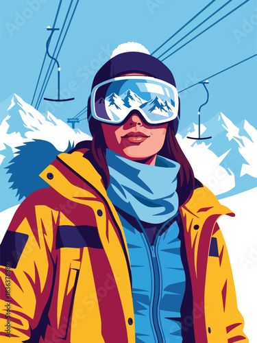 Flat modern illustration of a fashionable woman wearing ski goggles and parka at a snowy mountain resort. Ideal for travel lifestyle, sporty fashion, and outdoor winter themes
