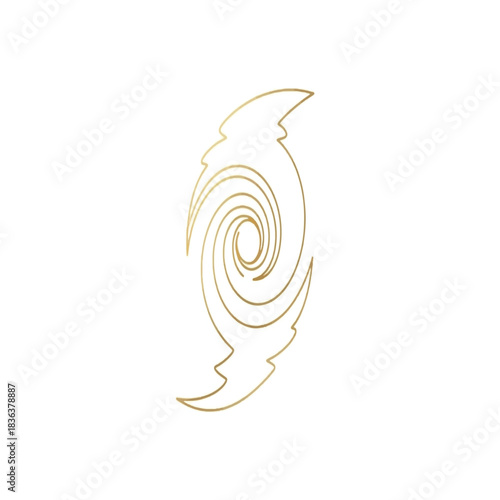 Golden stylized hurricane symbol with a central spiral and sharp outer edges on a white background.