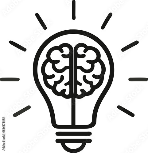 Black brain enclosed within lightbulb radiates innovative idea on a clean white background