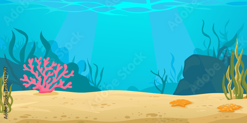 Cartoon colorful underwater landscape with sea plants and corals vector illustration.
