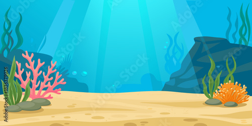 Cartoon colorful underwater landscape with sea plants and corals vector illustration.