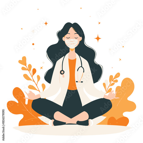 Healthcare Worker Self Care – Doctor Meditating with Mask and Stethoscope Vector