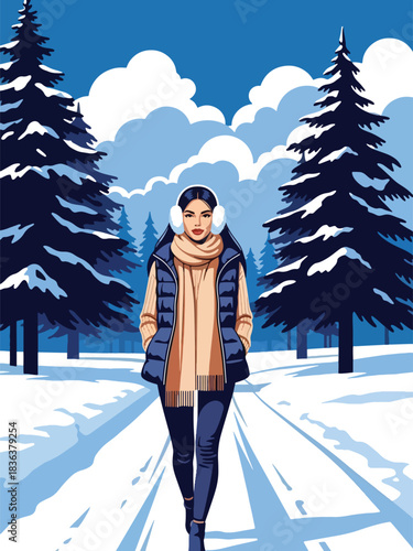 Flat illustrated portrait of a woman wearing earmuff headphones, knitted beanie, and winter vest while walking through snowy trees. Ideal for winter outdoor fashion themes