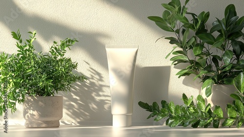 Empty tube cosmetic product mockup, sunlit plants, modern aesthetic