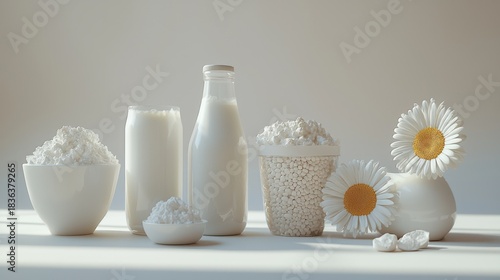 Dairy product still life, studio shot, white background, food photography, possible use for a milk or dairy products advertisement