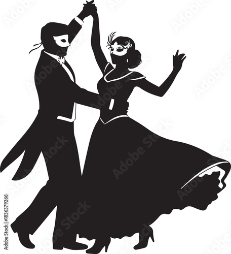 Elegant couple dancing in masquerade masks at a ball