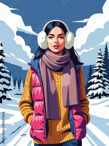 Flat illustrated portrait of a woman wearing earmuff headphones, knitted beanie, and winter vest while walking through snowy trees. Ideal for winter outdoor fashion themes