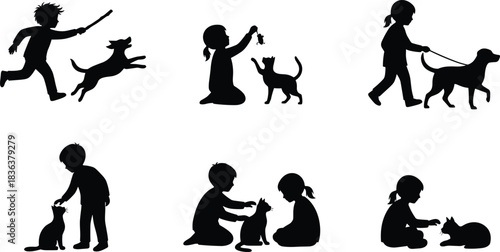 Children with pets silhouettes, black vector illustration, dog and cat interaction, playtime, care, companionship, kneeling, walking, sitting, bonding art