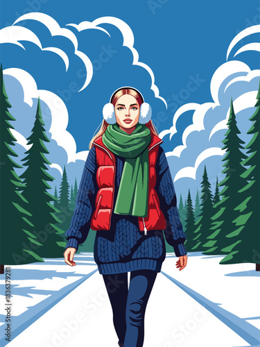 Flat illustrated portrait of a woman wearing earmuff headphones, knitted beanie, and winter vest while walking through snowy trees. Ideal for winter outdoor fashion themes