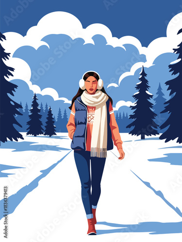 Flat illustrated portrait of a woman wearing earmuff headphones, knitted beanie, and winter vest while walking through snowy trees. Ideal for winter outdoor fashion themes