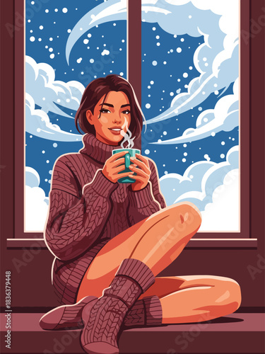 Flat winter portrait of a woman relaxing indoors with hot chocolate while wearing a chunky sweater and warm socks. Ideal for cozy lifestyle, winter comfort, and holiday content