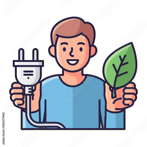 Flat Vector Illustration Man Holding Electric Plug and Green Leaf