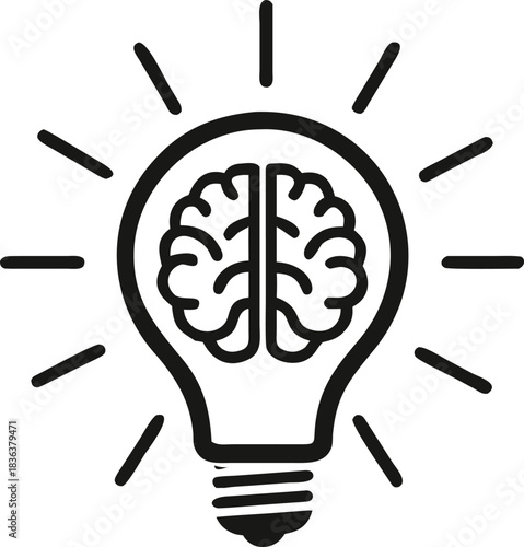 Black outline shows a bulb with a brain inside and light rays emanating outward