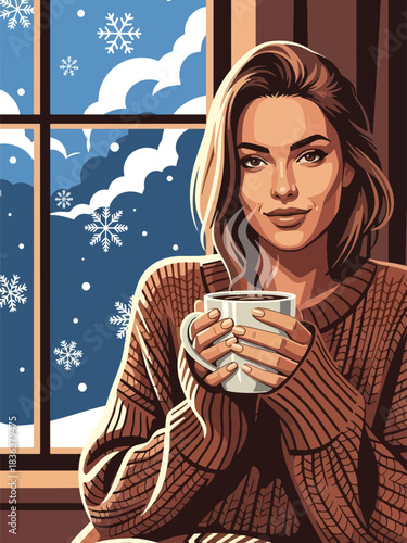 Flat winter portrait of a woman relaxing indoors with hot chocolate while wearing a chunky sweater and warm socks. Ideal for cozy lifestyle, winter comfort, and holiday content
