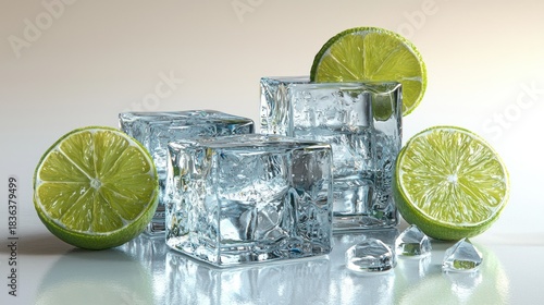 Ice cubes and lime slices on a light background.  Possible use Beverage advertisement or stock photo