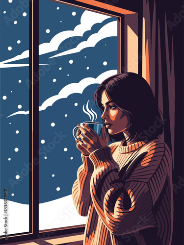Flat winter portrait of a woman relaxing indoors with hot chocolate while wearing a chunky sweater and warm socks. Ideal for cozy lifestyle, winter comfort, and holiday content