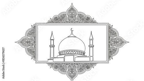 Detailed line art illustration of a mosque with dome and minarets framed by an intricate Islamic ornamental border.