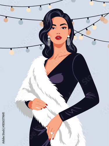 Flat modern portrait of a fashionable woman in a velvet holiday dress with fur shawl and sparkling earrings. Ideal for elegant winter celebrations and festive fashion illustration
