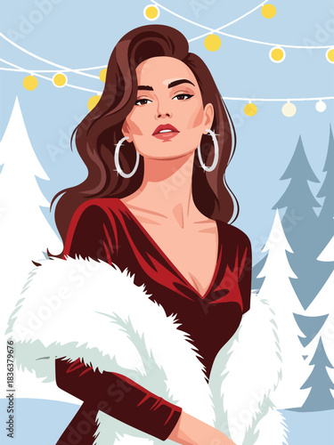Flat modern portrait of a fashionable woman in a velvet holiday dress with fur shawl and sparkling earrings. Ideal for elegant winter celebrations and festive fashion illustration