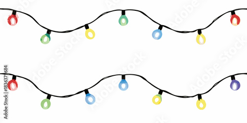 Vector set of realistic glowing colorful hanging Christmas lights.