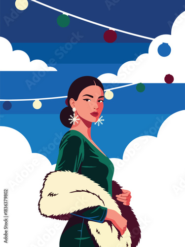 Flat modern portrait of a fashionable woman in a velvet holiday dress with fur shawl and sparkling earrings. Ideal for elegant winter celebrations and festive fashion illustration