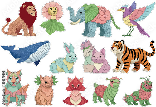 Whimsical Assemblage A Mosaic of Pixelated Creatures in Harmonious Composition