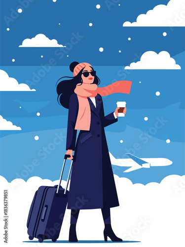 Flat vector portrait of a woman with wheeled suitcase wearing long coat and scarf while traveling in winter. Ideal for travel content, lifestyle blogs, and airport-themed illustrations