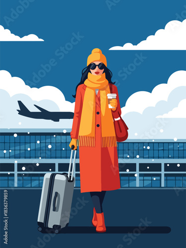 Flat vector portrait of a woman with wheeled suitcase wearing long coat and scarf while traveling in winter. Ideal for travel content, lifestyle blogs, and airport-themed illustrations