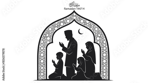 Muslim family praying together during Ramadan, depicted in a black and white silhouette graphic with an ornate arch and crescent moon.
