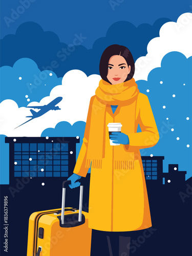Flat vector portrait of a woman with wheeled suitcase wearing long coat and scarf while traveling in winter. Ideal for travel content, lifestyle blogs, and airport-themed illustrations