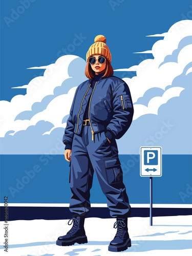 Flat portrait of a stylish woman in bomber jacket, cargo pants, sunglasses, and chunky boots walking in snowy urban area. Ideal for edgy winter fashion and streetwear branding