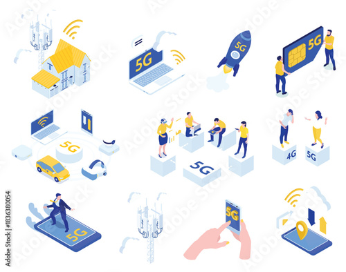 Isometric 5G Technology. Set of Isometric of House, People, Car, Connection, and High Speed internet in isometric design.