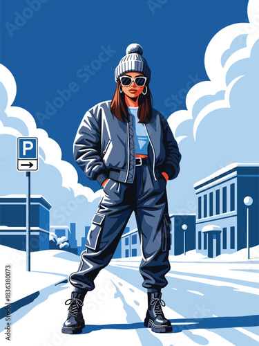 Flat portrait of a stylish woman in bomber jacket, cargo pants, sunglasses, and chunky boots walking in snowy urban area. Ideal for edgy winter fashion and streetwear branding