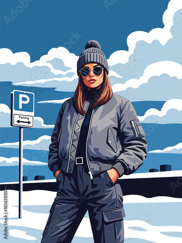 Flat portrait of a stylish woman in bomber jacket, cargo pants, sunglasses, and chunky boots walking in snowy urban area. Ideal for edgy winter fashion and streetwear branding
